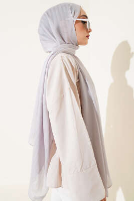 Kendinden Şeritli Jakar Şal Gri - Thumbnail