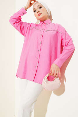 Pazarium - Göğüs Taş Sıralı Gömlek Fuşya
