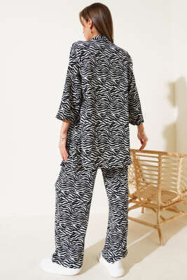Zebra Desen Bürümcük Kimono İkili Takım Siyah - Thumbnail