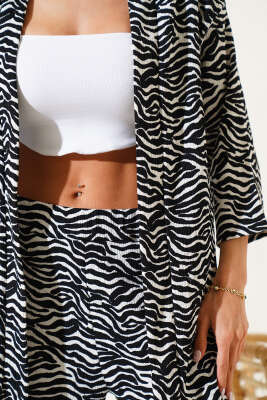 Zebra Desen Bürümcük Kimono İkili Takım Siyah - Thumbnail