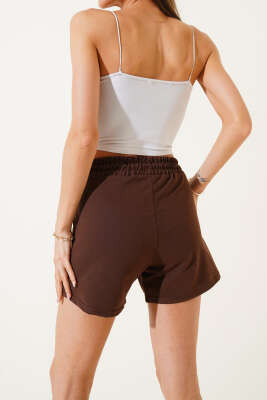 Bel Lastikli Kısa Şort Kahve - Thumbnail