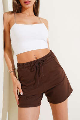 Bel Lastikli Kısa Şort Kahve - Thumbnail