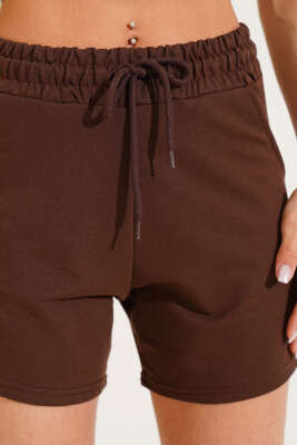 Bel Lastikli Kısa Şort Kahve - Thumbnail