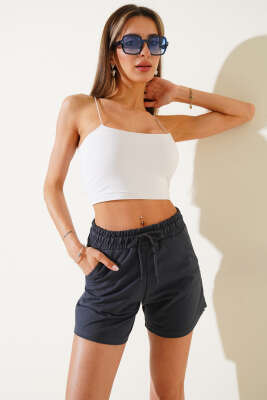 Pazarium - Bel Lastikli Kısa Şort Füme