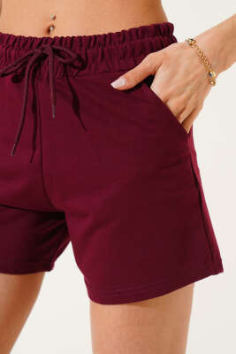 Bel Lastikli Kısa Şort Bordo - Thumbnail