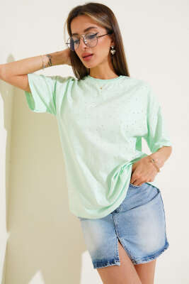 Pazarium - Önü Taş Süslemeli T-shirt Su Yeşili