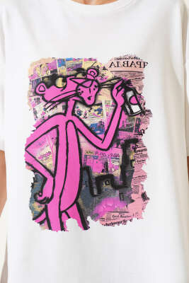 Pembe Panter Baskılı T-shirt Beyaz - Thumbnail