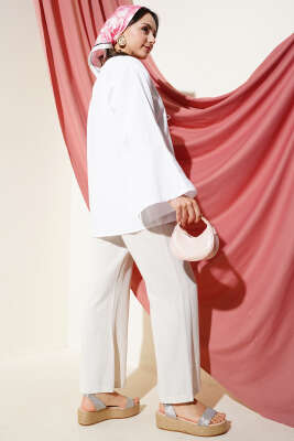 Önü Bağcıklı Geniş Kol Kimono Beyaz - Thumbnail