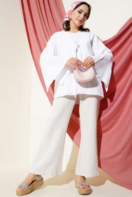 Önü Bağcıklı Geniş Kol Kimono Beyaz - Thumbnail