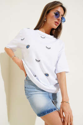 Pazarium - Göz Baskılı T-shirt Ekru