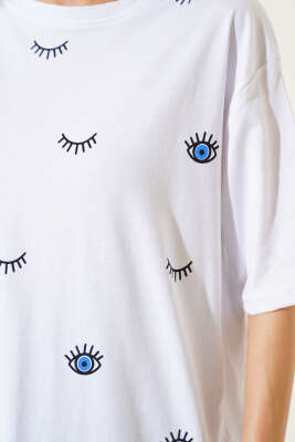 Göz Baskılı T-shirt Ekru - Thumbnail