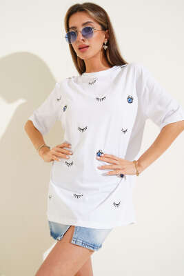 Göz Baskılı T-shirt Ekru - Thumbnail