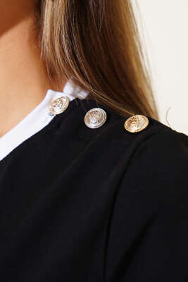 Omuz Düğmeli Bluz Siyah - Thumbnail