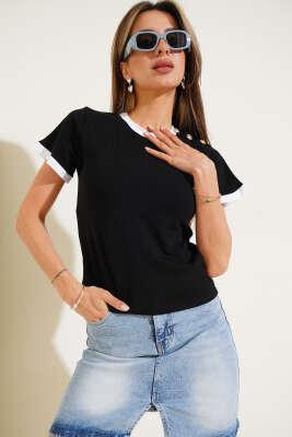 Pazarium - Omuz Düğmeli Bluz Siyah