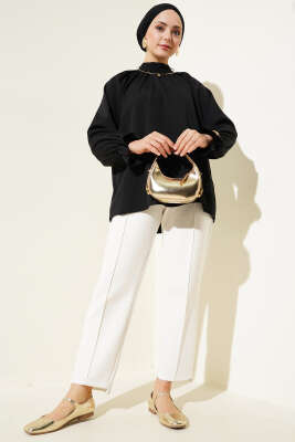 Bilek Lastikli Yaka Pileli Tunik Siyah - Thumbnail