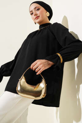 Pazarium - Bilek Lastikli Yaka Pileli Tunik Siyah