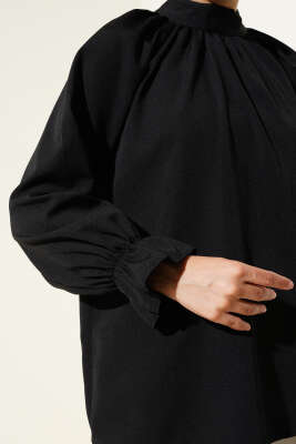 Bilek Lastikli Yaka Pileli Tunik Siyah - Thumbnail