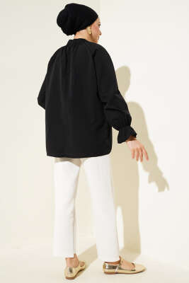 Bilek Lastikli Yaka Pileli Tunik Siyah - Thumbnail