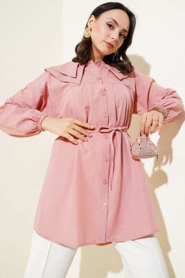Pazarium - Çift Yaka İp Kuşaklı Gömlek Pudra