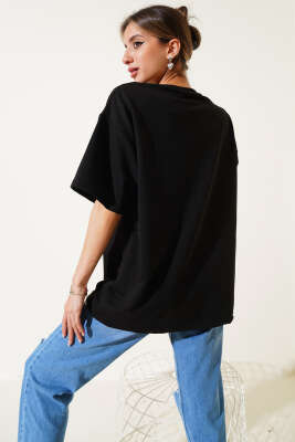 Pembe Panter Baskılı T-shirt Siyah - Thumbnail