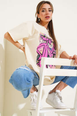 Pembe Panter Baskılı T-shirt Bej - Thumbnail