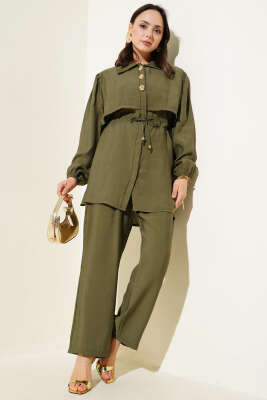 Pazarium - Parça Detaylı Bel Tünelli İkili Takım Haki