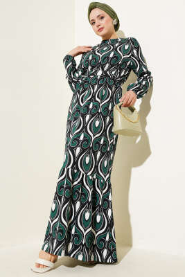 Pazarium - Kuşaklı Karışık Desenli Bürümcük Elbise Zümrüt