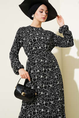 Pazarium - Çiçekli Bel Lastikli Bürümcük Elbise Siyah