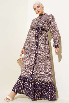 Pazarium - Boydan Düğmeli Retro Desen Elbise Mor