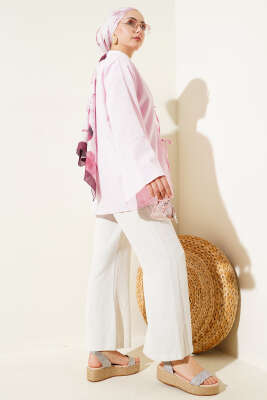 Önü Bağcıklı Geniş Kol Kimono Pembe - Thumbnail