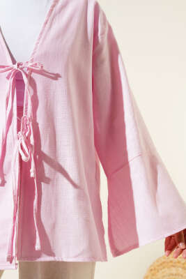 Önü Bağcıklı Geniş Kol Kimono Pembe - Thumbnail