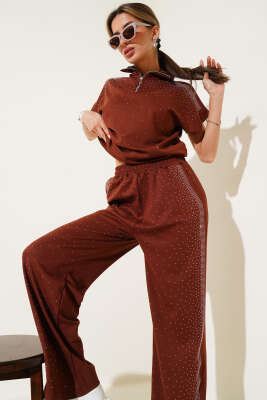 Pazarium - Mini Taşlı Fermuarlı Kısa Kol İkili Takım Kahve