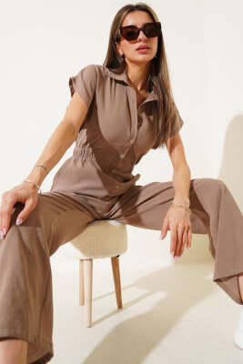 Pazarium - Bel Lastikli Düğmeli Tulum Vizon