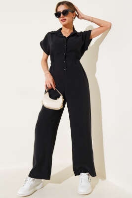 Pazarium - Bel Lastikli Düğmeli Tulum Siyah