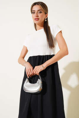 Kısa Kol Garnili Midi Elbise Ekru - Thumbnail