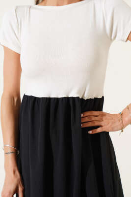 Kısa Kol Garnili Midi Elbise Ekru - Thumbnail