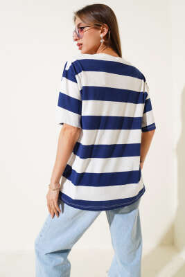 Yatay Kalın Çizgili T-shirt Lacivert - Thumbnail