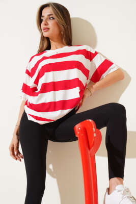 Yatay Kalın Çizgili T-shirt Kırmızı - Thumbnail