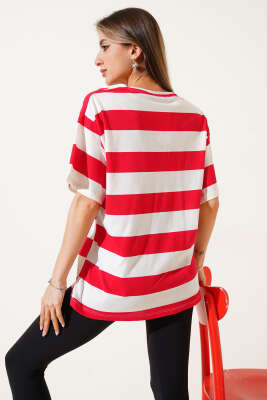 Yatay Kalın Çizgili T-shirt Kırmızı - Thumbnail