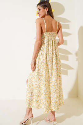 Çiçek Desen İp Askılı Midi Elbise Bej - Thumbnail