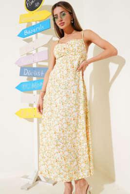 Pazarium - Çiçek Desen İp Askılı Midi Elbise Bej