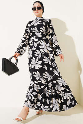 Pazarium - Volanlı Desenli Kuşaklı Elbise Siyah