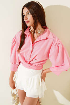 Pazarium - Yarım Balon Kol Gömlek Pembe