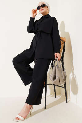 Pazarium - Göğüs Parçalı İp Kuşaklı İkili Takım Siyah