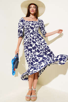 Pazarium - Kare Yaka Gipeli Midi Elbise Lacivert