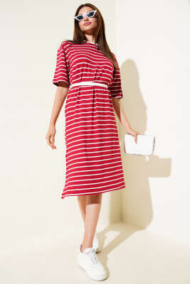 Kalp Nakışlı Çizgili Elbise Bordo - Thumbnail