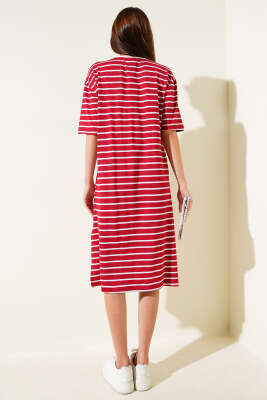 Kalp Nakışlı Çizgili Elbise Bordo - Thumbnail