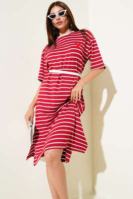 Kalp Nakışlı Çizgili Elbise Bordo - Thumbnail