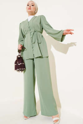 Pazarium - Brit Düğmeli İp Kuşaklı Tunik İkili Takım Çağla Yeşili