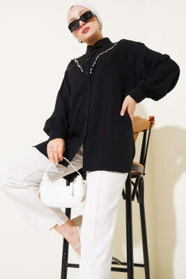 Pazarium - V Taşlı Gömlek Siyah